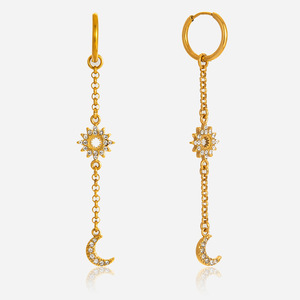 Boucles d'oreilles pendantes en strass étoile et lune, clous en acier inoxydable doré pour femmes, bijoux de fête - Product Image 1