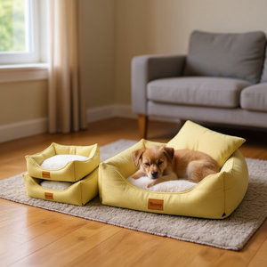 Set di Tre Pezzi in Lino Giallo e Flanella Goffrata per Cuccia per Cani - Product Image 3