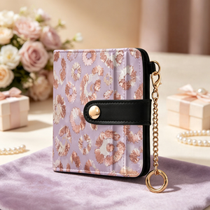 Custom PU Leather <b>Wallet</b> RFID Blocking Card <b>Holder</b> with Key Chain and Snap Button for Women - Product Image 1