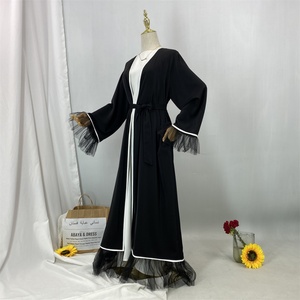 Abaya élégante à manches longues pour femmes, couleur unie, maille noire, avec bordure blanche et poches polyvalentes 1466 # - Product Image 6