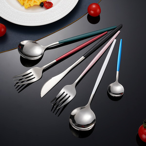 Ensemble de couverts en acier inoxydable, manche plat, vaisselle occidentale colorée, compatible lave-vaisselle, couteau à steak, cuillère à dessert - Product Image 4