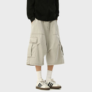 American Fashion Brand Vintage Cropped Pants Casual Cargo <strong>Shorts</strong> Multi-Flap Pockets Zipper Fly Mid Pure Color Digital Canvas - Product Image 2