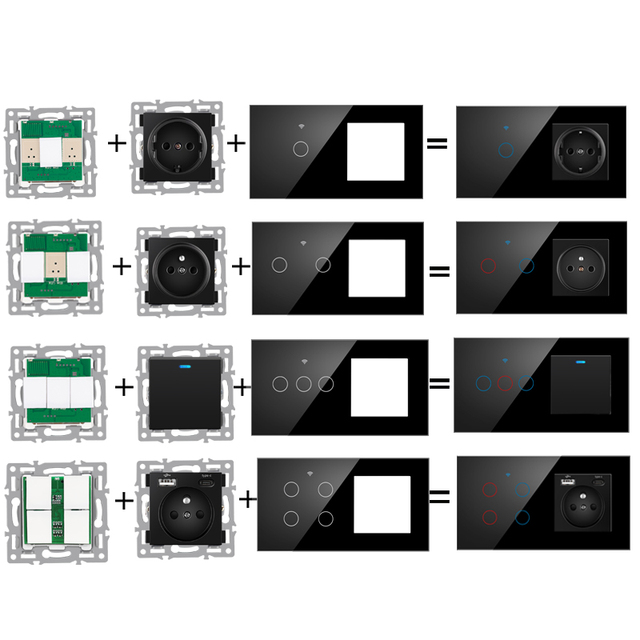 NOVSKI Wall Module DIY Eu Standard Black Glass Panel Power Socket Intelligent Switch Function Free Combination Power Socket