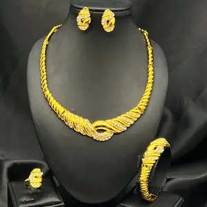 2024 Classic American Diamond Indian 24k Gold Plated Necklace Earring Bracelet Jewelry Sets For Women