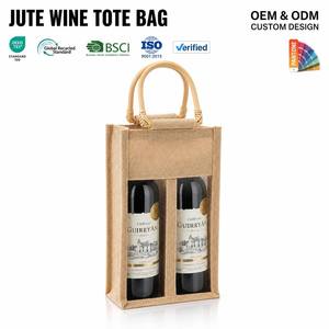 Bolsa de Yute Natural para Vino con Logotipo Personalizado, Porta Botellas Doble de Arpillera con Asa de Cuerda y Ventana Transparente - Product Image 1