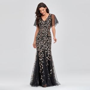 Nuevo Vestido Largo de Fiesta para Mujer, Sexy, con Cuello en V, Volantes, Manga Corta, Elegante, con Hojas Doradas, Malla Negra, Cola de Sirena - Product Image 3