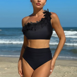 Ensemble 2 pièces asymétrique noir uni à taille haute et épaule unique, maillot de bain bikini extensible pour femme, tenue de plage - Product Image 2