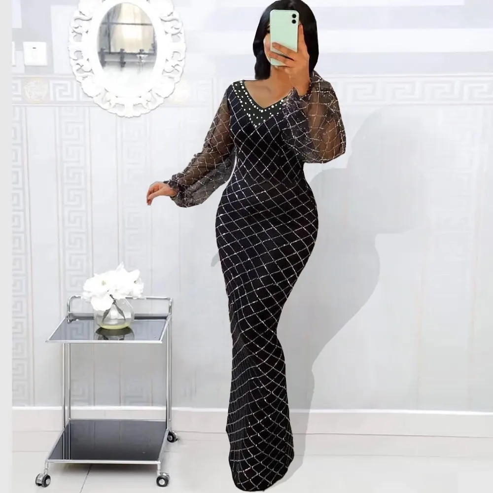 New Arrivals Elegant Pearl V Neck Black Mesh Contrast See Through Bishop Long Sleeve Banquet Dress Curve Gowns Party Long Dress