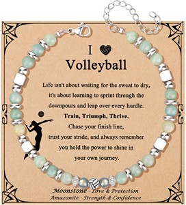 Bracelet en acier inoxydable avec perles <span class=keywords><strong>de</strong></span> <span class=keywords><strong>pierre</strong></span> <span class=keywords><strong>de</strong></span> <span class=keywords><strong>lune</strong></span> et amazonite pour femme - Cadeau pour joueuses <span class=keywords><strong>de</strong></span> volley-ball, fête des mères, anniversaire, Noël - Product Image 1