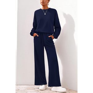 Ensemble 2 pièces pour femme : Sweat-shirt à col rond et pantalon de survêtement large, tenue décontractée respirante à manches longues - Product Image 2
