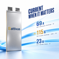 Литий-ионный аккумулятор Battivus NMC 23700 мАч, 82.95 Втч, 3.5 В, 340 Втч/кг, 69 А (постоянный ток), 115 А (пиковый ток), 5C (импульсный ток), высокая энергетическая плотность