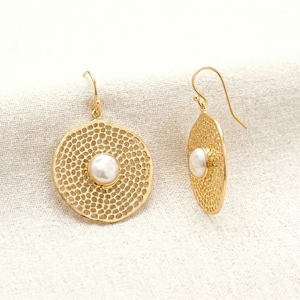 Gold Pearl Lattice Disc <b>Earrings</b> | Honeycomb Textured Cutout <b>Earrings</b> | Statement Boho Wedding Gift - Product Image 1