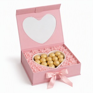 Boîte cadeau carrée mate rose pastel personnalisée, peu profonde, étanche, avec fenêtre en forme <span class=keywords><strong>de</strong></span> cœur, ruban et nœud, fermeture magnétique, vente en gros directe usine - Product Image 3