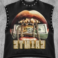 ZHEZHE Personnalisation Vêtements Femme Européens et Américains Gilet Décontracté Rétro Imprimé Lèvres avec Rivets Style Chic Sexy T-shirts Femme Col Rond