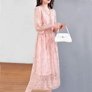 High-End Luxury Brand HangZhou Authentic 2024 Summer 100% Silk Dress Half-Sleeved V-Neck Embroidered Dress