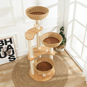 Moderno Grande Tiragraffi per Gatti in Legno Massello con Cesto in Rattan Integrato, Colonna in Sisal, Giocattolo con Palla in Peluche, per Dormire, Tirare e Giocare - Product Image 4