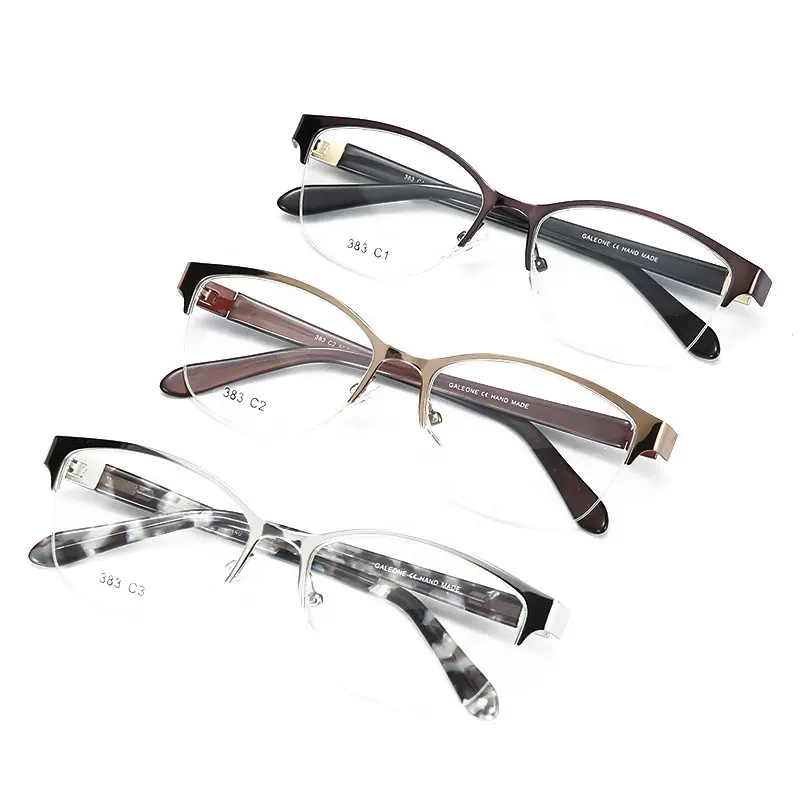 Venta al por mayor, Italia, diseño de moda de lujo, montura de gafas ópticas de medio Borde de acetato de metal para mujeres
