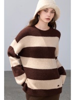 Pull-over ample à col rond pour femme en cachemire pur à 100 %, rayé, vintage, avec ourlet et poignets côtelés, chaud et doux pour l'hiver