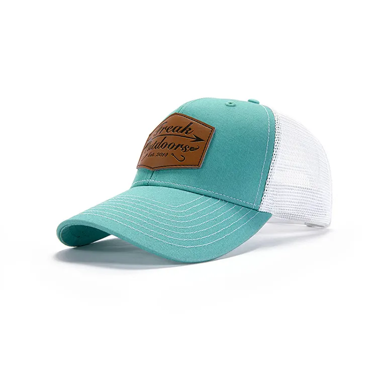 도매 사용자 정의 5 패널 호주 국가 높은 프로필 2 줄무늬 메쉬 모자 트럭 운전사 모자 가죽 패치 로고
