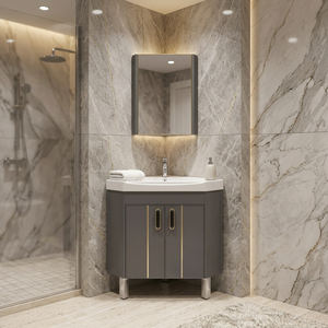 Mueble de <span class=keywords><strong>Baño</strong></span> Moderno de PVC Gris con Lavabo de Cerámica, Mueble de <span class=keywords><strong>Baño</strong></span> con Lavabo Integrado Resistente al Agua - Product Image 1
