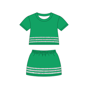 GSD4107 Ensemble d'été personnalisé pour petite fille active, jupe bleue unie à rayures argentées, tenue pour enfants, ensemble à manches courtes - Product Image 2