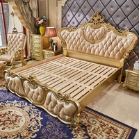 Lit double en bois massif de style européen en cuir véritable 1,8 m, design noble doré sculpté avec strass, fonction démontable, pour chambre à coucher