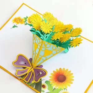 Vendita all'ingrosso carte bianche bouquet-Personalizza lo spazio in bianco di carta fatto a mano del mazzo del fiore del sole grazie saluto le carte Pop-up 3D