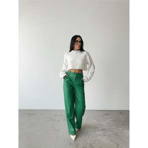 Women's High-Waisted Leather <b>Palazzo</b> <b>Pants</b> Straight Leg Green <b>Elastic</b> <b>Waist</b>-Breathable Long XS-XL Available Colored <b>Elastic</b> - Product Image 4