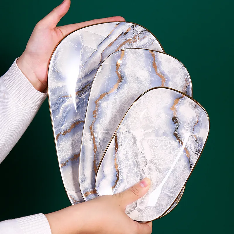 Unique Design Dusty Blue Gold Rim Modern Marble Dish Ceramic Plate for Restaurant Hotel Home Decor
