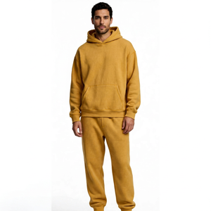 PADA PRIME Sweat-shirt à capuche jaune moutarde pour homme, 100% coton, léger, à manches longues, pantalon de survêtement à taille élastique, décontracté - Product Image 1