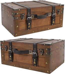 <span class=keywords><strong>Coffre</strong></span> de rangement carré en bois vieilli Sonew, avec poignée en cuir texturé, usage polyvalent, portable, style antique - Product Image 2