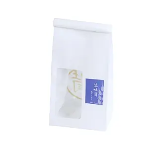 Custom Modern Design Style Azure Blue Logo Printed Recyclable White Kraft Paper Toast Pouch Bag with See-through Display Window