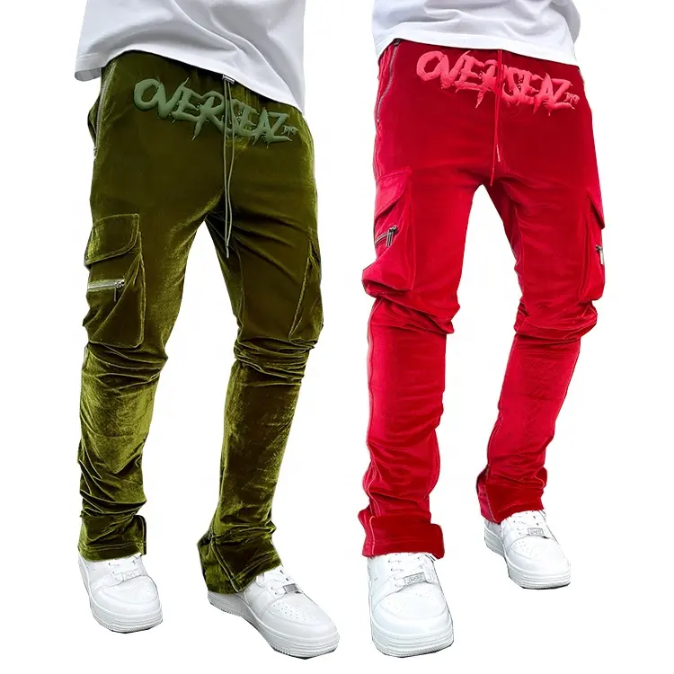 Puff printed custom green red high quality baggy stacked pants mens joggers velvet velour track pants men