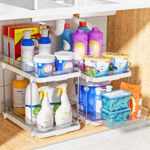 2 Tier Home and Kitchen Transparent Multi-Purpose Organization Bathroom <b>Shelf</b> Organizer Under Sink Organizer With Dividers - Product Image 5