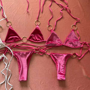 2022 новый дизайн для молодых девушек, комплект бикини из блестящей ткани, купальник с лямкой на шее и шнуровкой, синий купальный костюм, купальник - Product Image 6