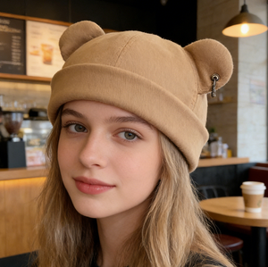 Cappello a Secchiello da Donna Nero in Poliestere Felpato Leggero e Caldo per Autunno Inverno, Stile Streetwear con Design di Orecchie di Animali - Product Image 3