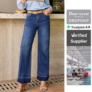 Jeans de Mujer Dear-Lover al por Mayor, Estilo <span class=keywords><strong>Boutique</strong></span>, Color Azul Marino, Dobladillo sin Rematar, Puños Únicos, Corte Recto, Talle Alto, Holgados - Product Image 1