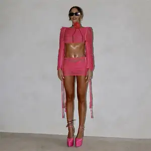 Charm yaz 2023 kadın giyim yeni stil katı renk örme Set bir omuz kırpma üst yüksek bel Wrap 2 parça etek seti
