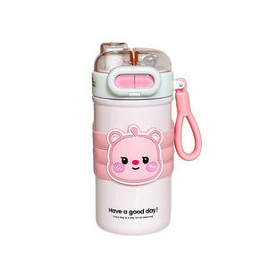 Bouteille d'eau isotherme mignonne à motif de dessin animé pour femmes, étudiants et enfants, 500 ml, portable avec paille, tasse à boire en acier inoxydable à double paroi - Product Image 5