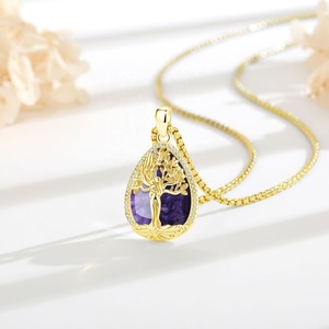 Talisman Mère et Enfant Protection Psychique Pendentif Goutte d'Eau Arbre de Vie Plaqué Or 18K avec Améthyste Naturelle et Zircon - Product Image 4