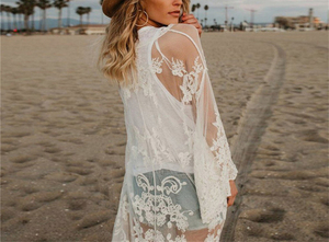 2020 Women Floral Mesh Lace Loose Fit Embroidery <strong>Kimonos</strong> Plus Size Flare Sleeve <strong>White</strong> Cardigan Cover up Lace <strong>Kimonos</strong> - Product Image 3