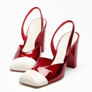 Sapatos Femininos com Tira Traseira, Salto Alto Grosso, Scarpin Patchwork, Sandálias Slingback de Bico Quadrado com Cores Vibrantes e Acabamento Brilhante - Product Image 1