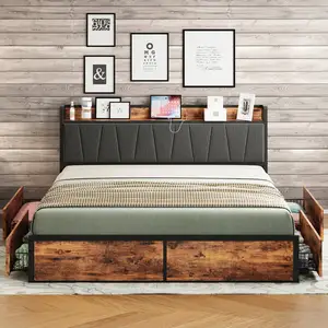 Kainice木制大号软垫金属书柜床木制铁床架软储物床头板和Usb充电站