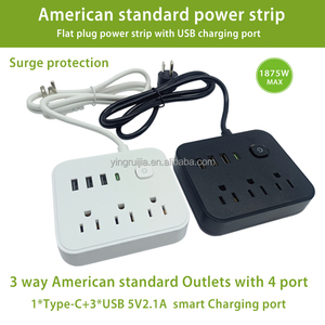 Phẳng cắm mở rộng dây điện dải với bảo vệ tăng, Bán Hot 3 Outlet Mỹ tiêu chuẩn ổ cắm điện với USB A + USB C Cổng - Product Image 2