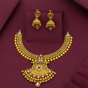 Antique Style Gold <b>Necklace</b> Set with Earrings Traditional Temple Bridal Jewelry Indian Wedding Choker Ethnic <b>Statement</b> Design - Product Image 1