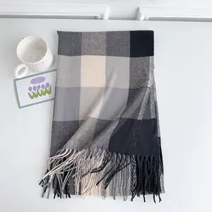 Wholesale Custom Logo Scarves Shawls Women's Winter Thick Woven Long Cape Plaid Neck Scarves With Tassel