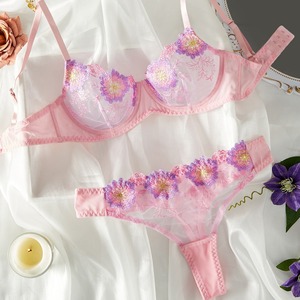 New Flower Mesh Perspective Embroidery <b>Sexy</b> and Comfortable Underwear <b>Set</b> Two Piece Women's Clothing - Product Image 1