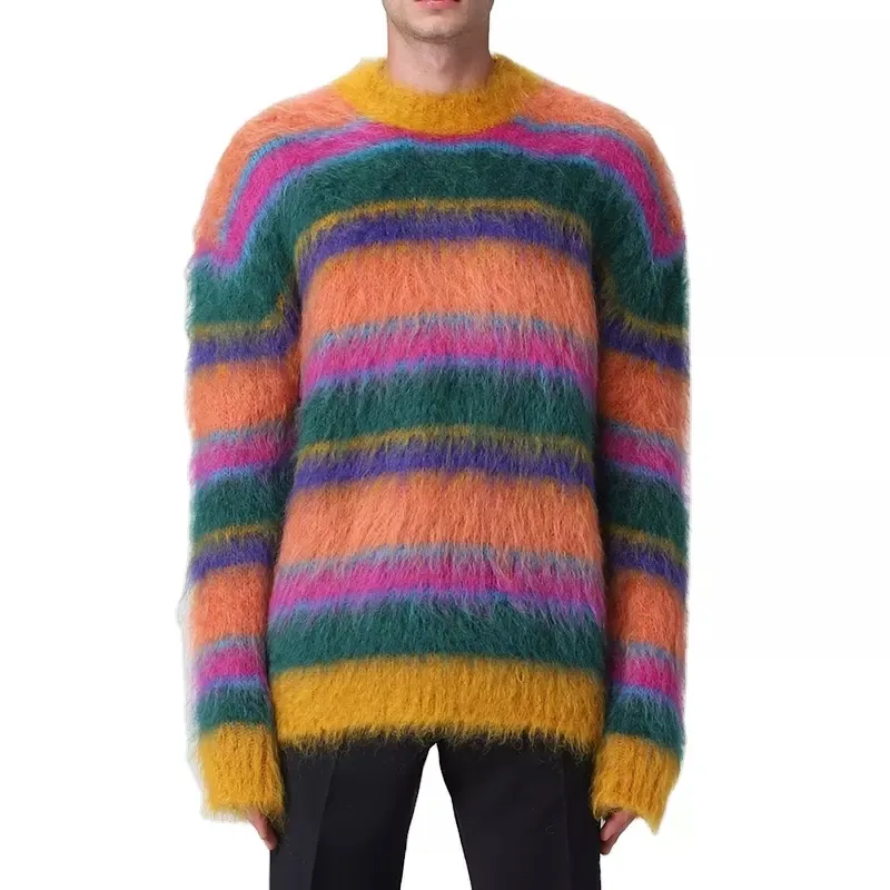 custom logo oem design mohair men sweater fuzzy jacquard long sleeve knitted crew neck sweater for men
