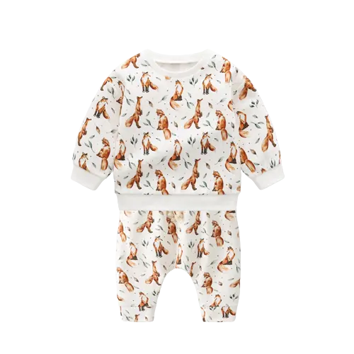 Primavera Otoño Fox Print Babygrow Ropa de bebé Algodón orgánico Niños Bebé Camiseta Top y pantalones Pijamas de bebé