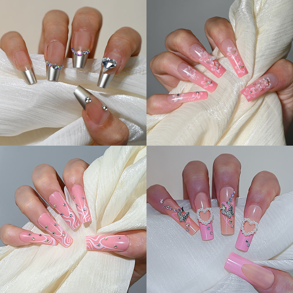 24Pcs/Set French Ballerina Short Press on Nails Butterfly Flowers Design Wearable False Nails Adhesive Full Cover Artificial